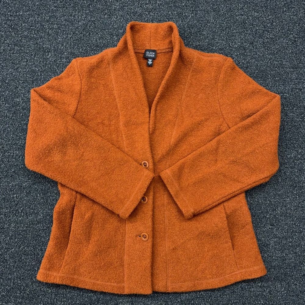 Eileen Fisher Wool Blend Boucle Cardigan Shawl Collar Rust Orange Womens Large